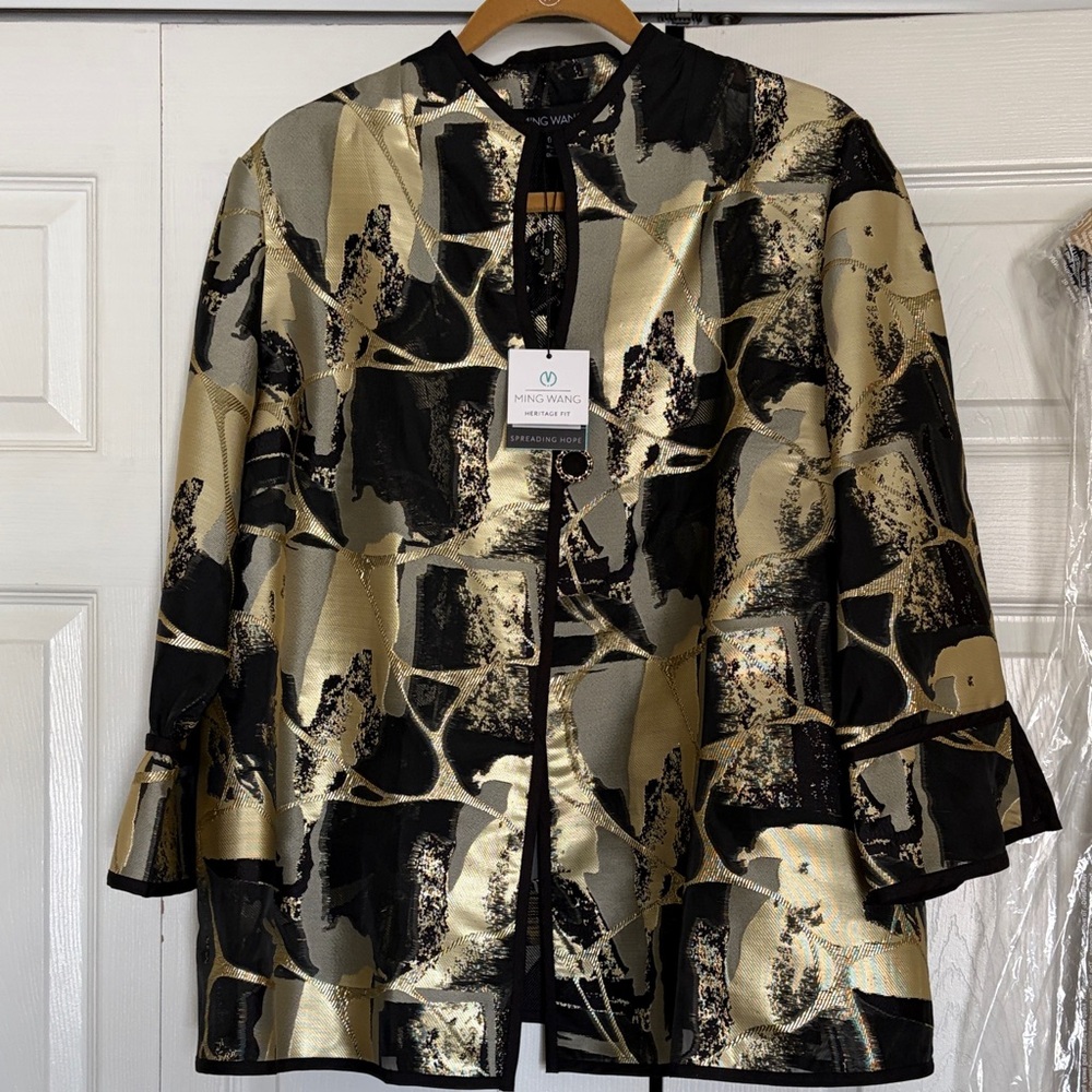 Ming Wang Black and Gold Abstract Metallic Open-Front Jacket